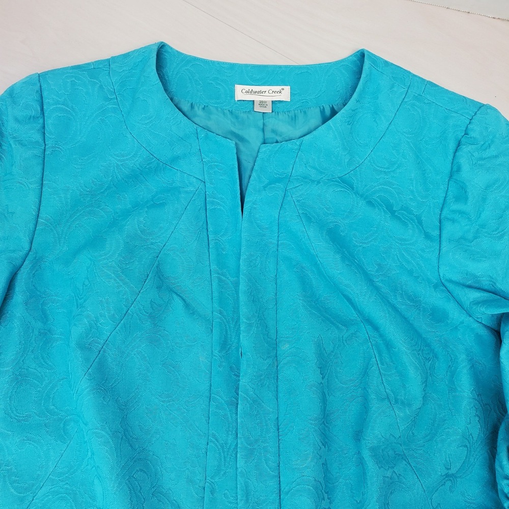 Coldwater Creek Turquoise Open Front Jacket 20W Ruched Sleeve Coastal Old Money